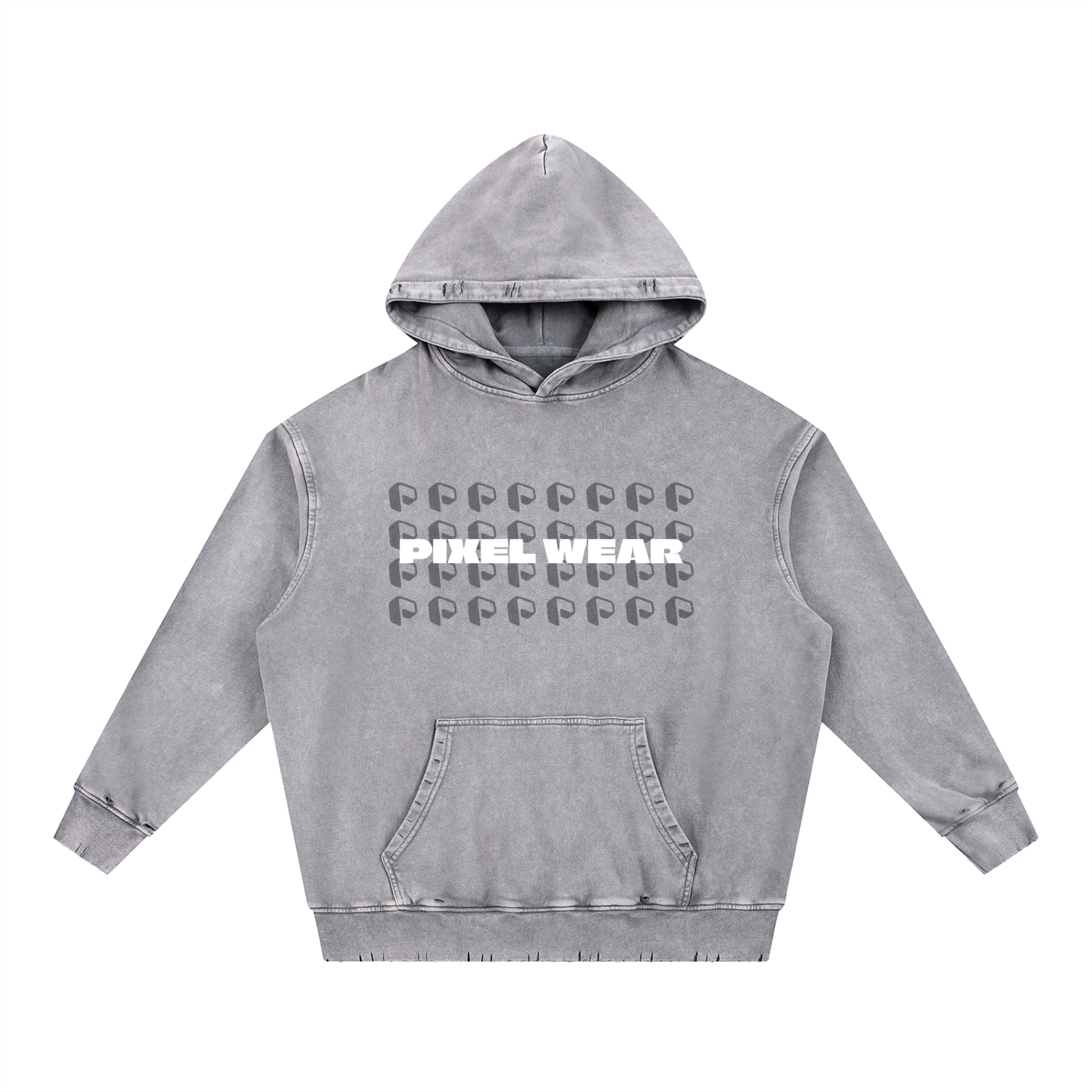 Snow Wash Hand-Frayed Heavywei,New,Hoodie,Pixel Wear Pattern,P logo Pattern,Denim,Snow Wash