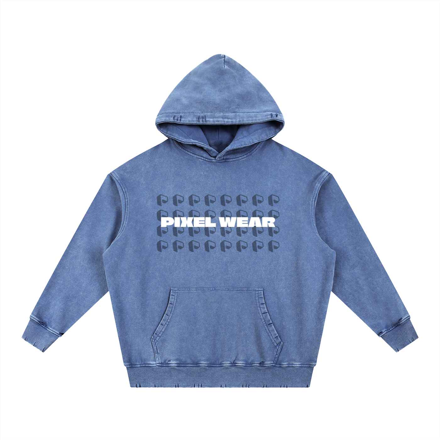 Snow Wash Hand-Frayed Heavywei,New,Hoodie,Pixel Wear Pattern,P logo Pattern,Denim,Snow Wash