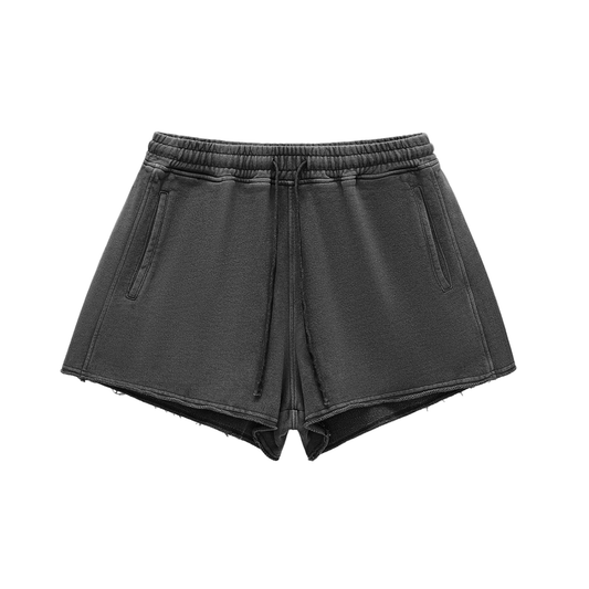 Snow Washed Raw Edge Drawstring Shorts - PIXEL WEAR