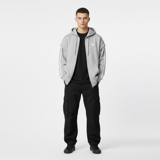 Contrast Tape Raw Edge Double Layered Zip Hoodie - PIXEL WEAR