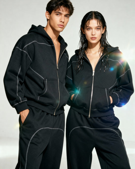 Contrast-Stitched Boxy Fleece Hoodie - PIXEL WEAR