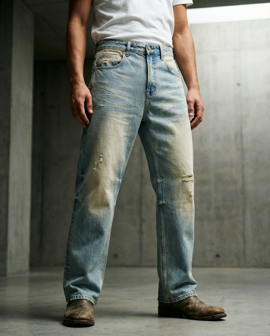 Sun Fade Raw Hem Denim Jeans