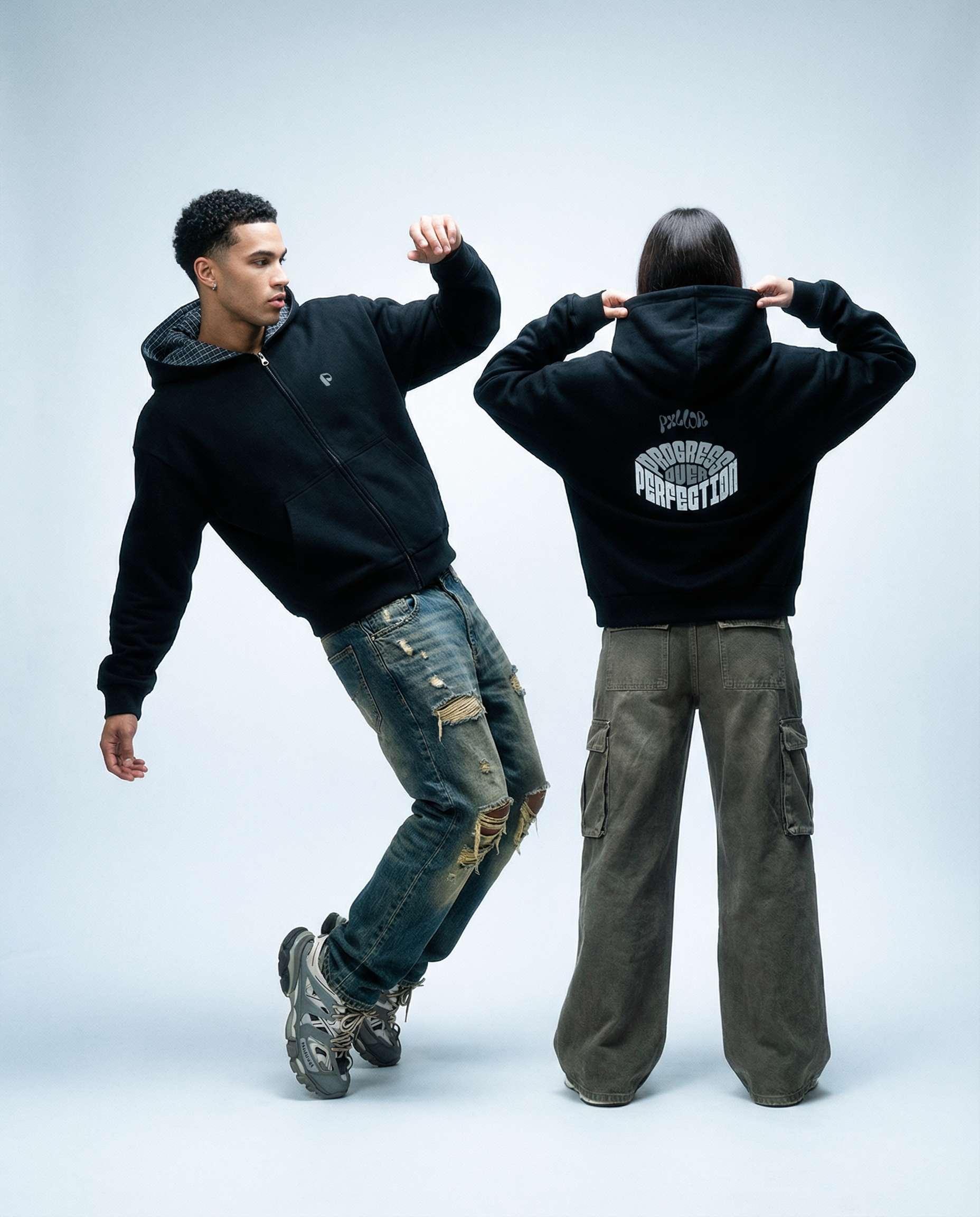 Contrast Plaid Boxy Zip Hoodie