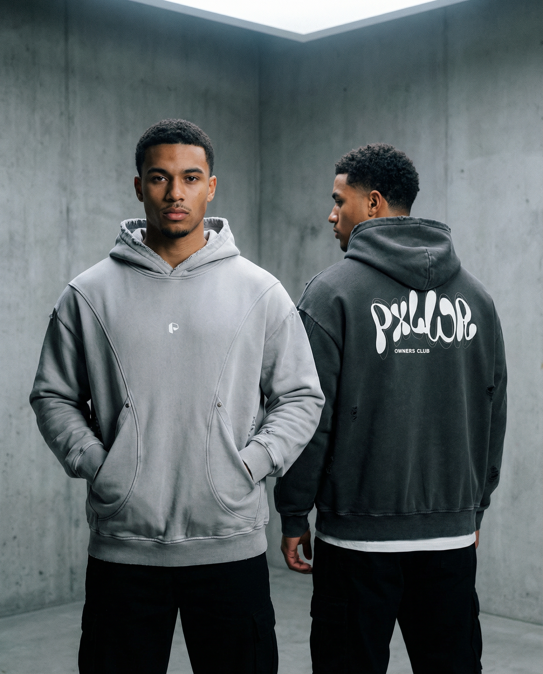 Snow Washed Distressed Panel Pocket Hoodie