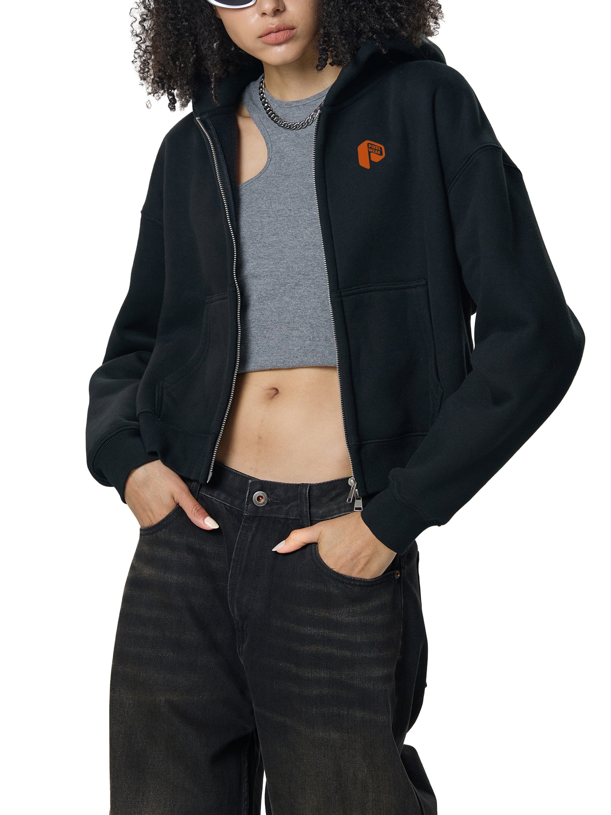Fleeced Zip-Up Cropped Hoodie