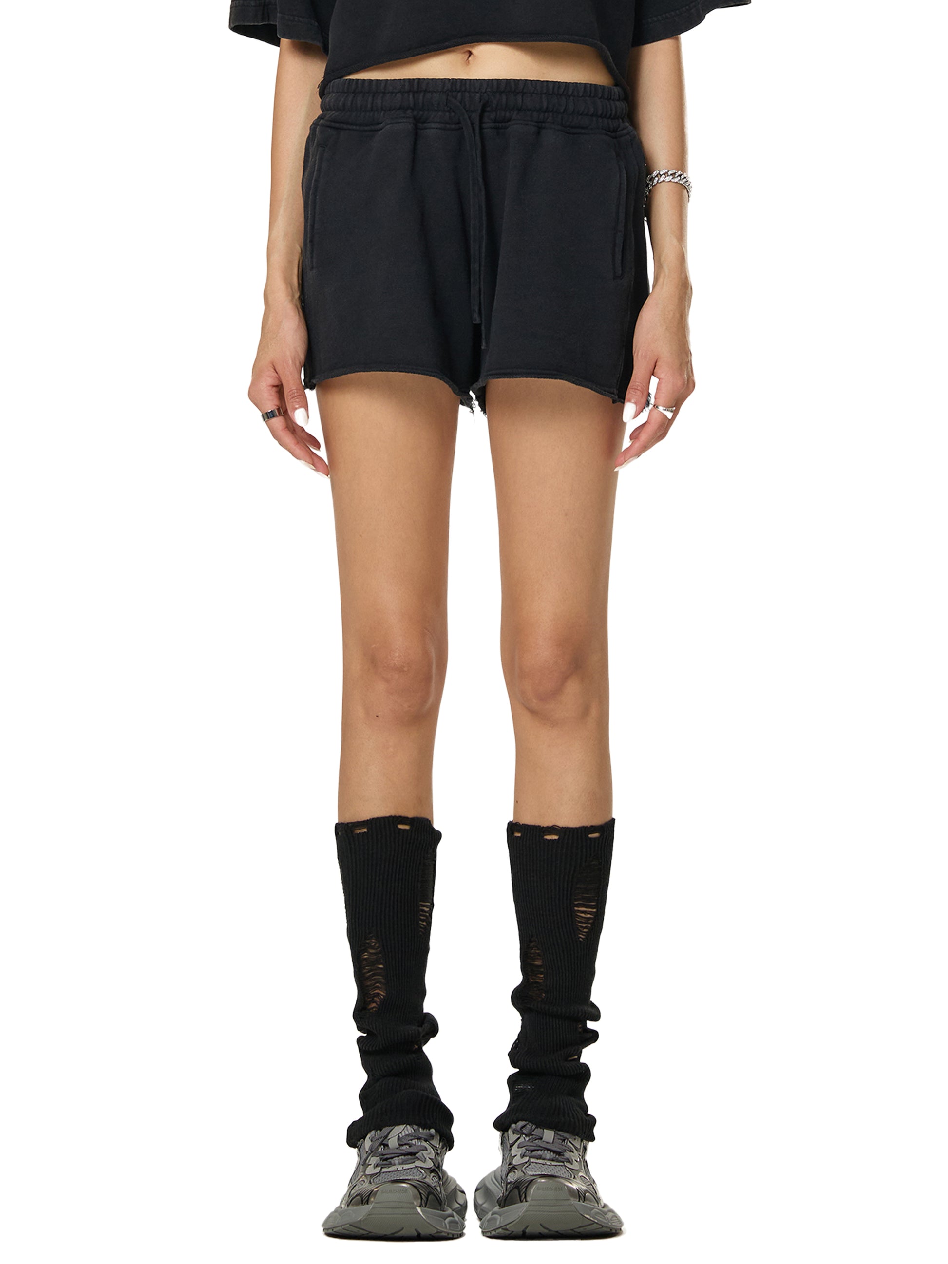 Snow Washed Raw Edge Drawstring Shorts - PIXEL WEAR
