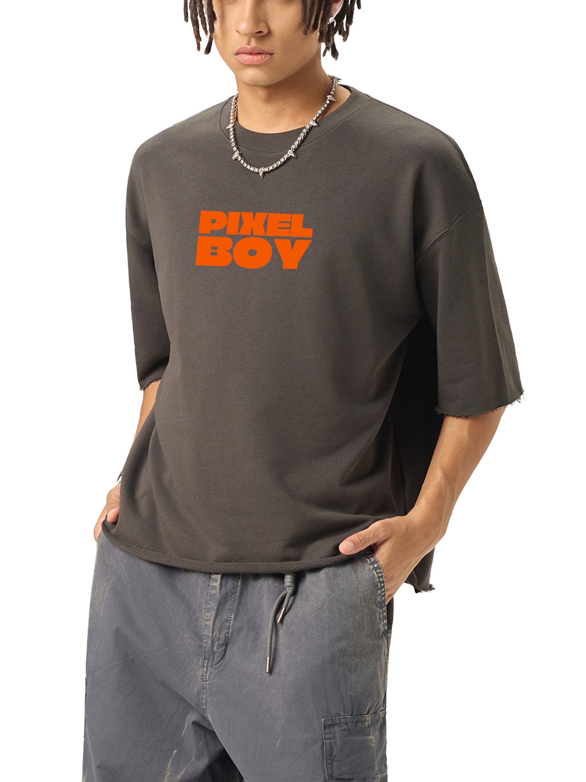 Boxy Half-Sleeve Raw-Edge T-Shirt - PIXEL WEAR