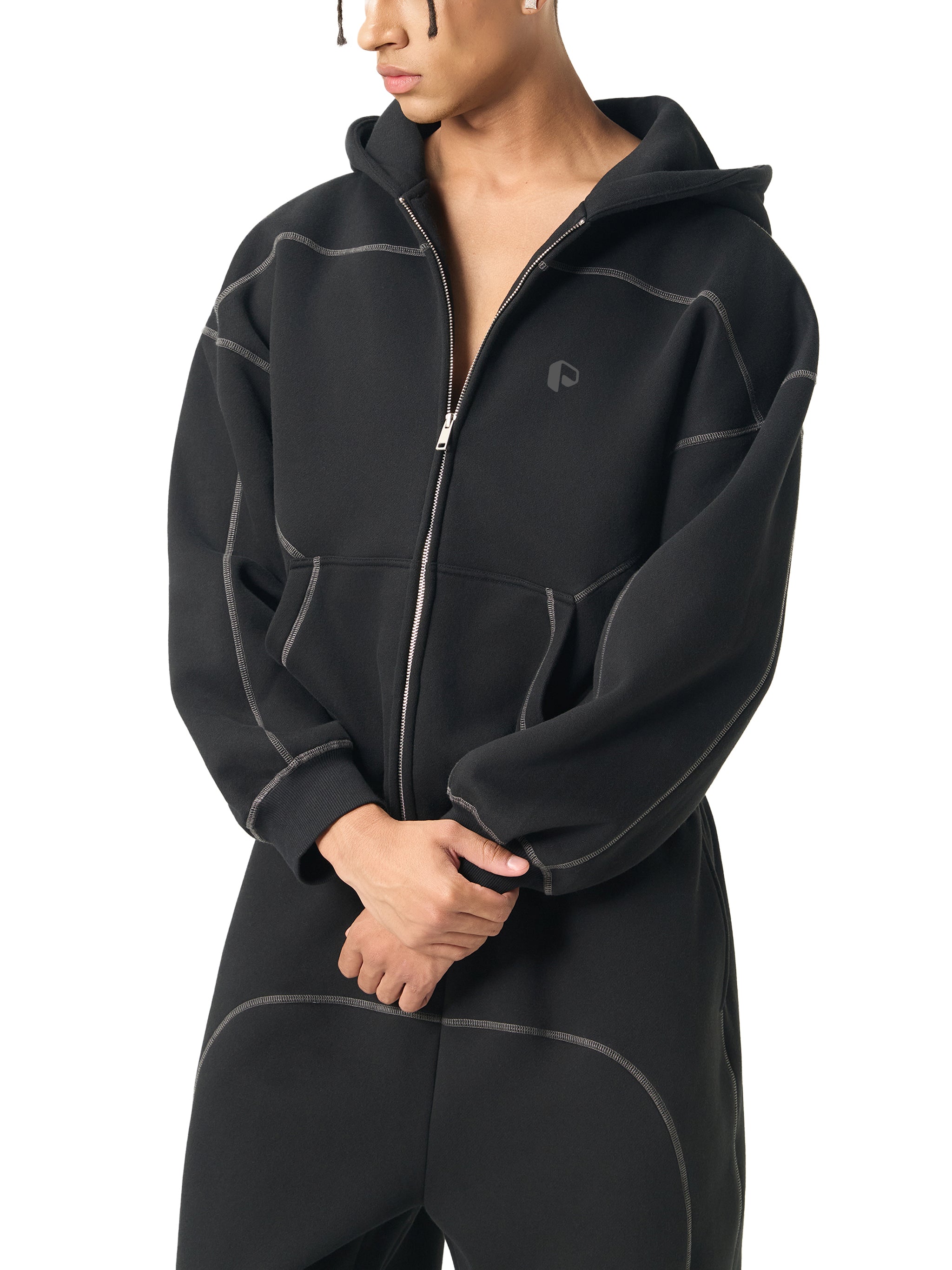 Contrast-Stitched Boxy Fleece Hoodie - PIXEL WEAR