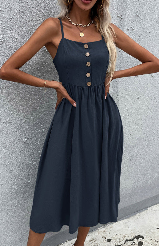 Women's Clothing Slim Fit Solid Color Cotton Linen Dress - PIXEL WEAR