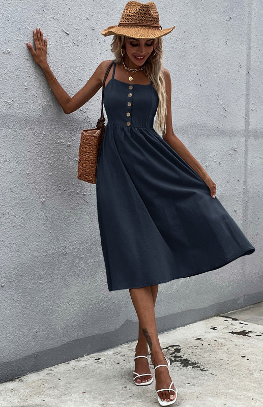 Women's Clothing Slim Fit Solid Color Cotton Linen Dress - PIXEL WEAR