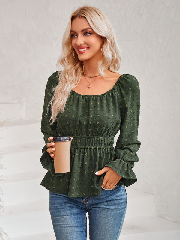 Women's round neck waist solid color lotus leaf sleeve top