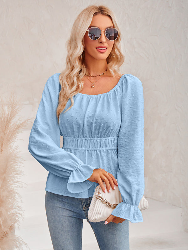 Women's round neck waist solid color lotus leaf sleeve top