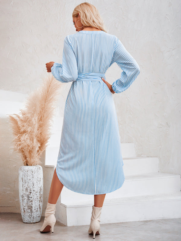 Casual V-neck striped tie waist shirt dress - PIXEL WEAR