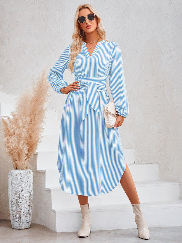 Casual V-neck striped tie waist shirt dress - PIXEL WEAR