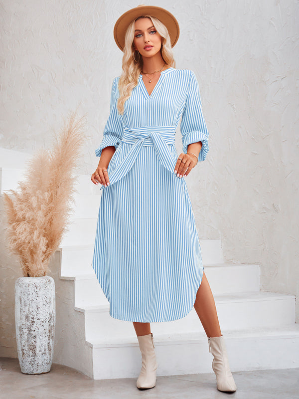 Casual V-neck striped tie waist shirt dress - PIXEL WEAR
