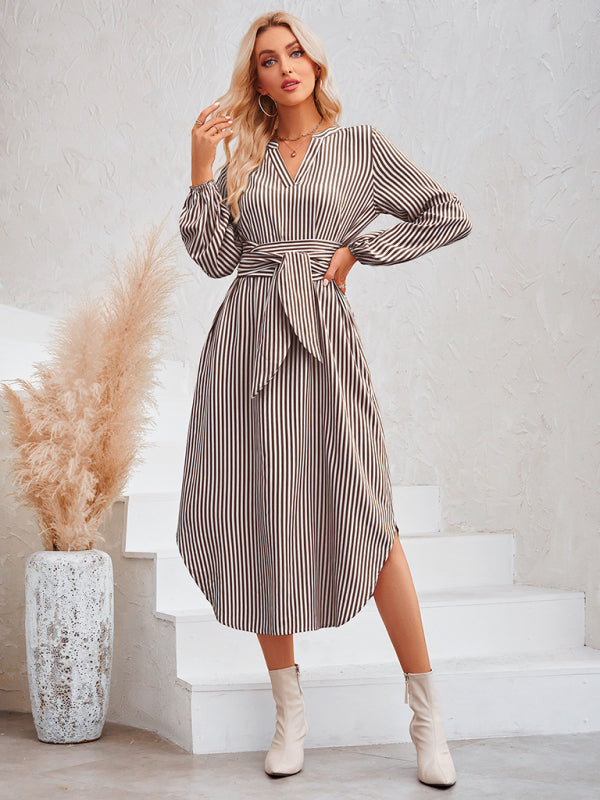 Casual V-neck striped tie waist shirt dress - PIXEL WEAR