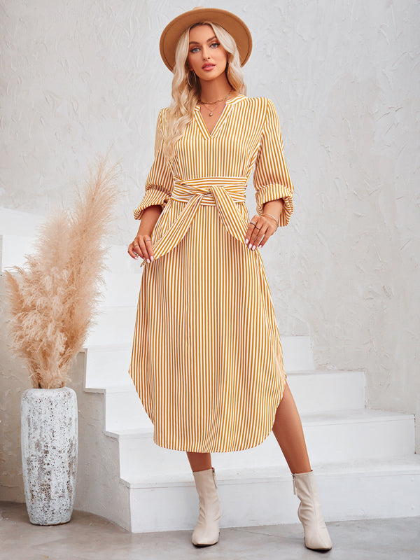 Casual V-neck striped tie waist shirt dress - PIXEL WEAR