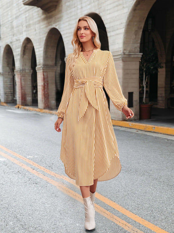 Casual V-neck striped tie waist shirt dress - PIXEL WEAR