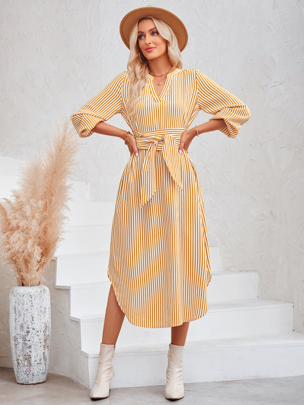 Casual V-neck striped tie waist shirt dress - PIXEL WEAR