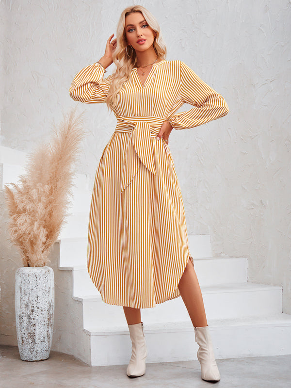 Casual V-neck striped tie waist shirt dress - PIXEL WEAR