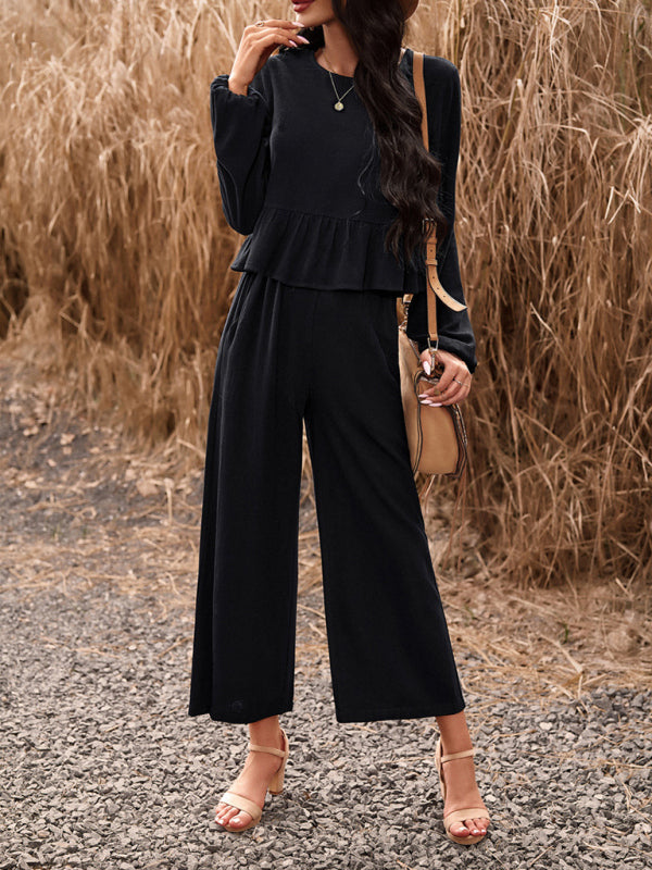 Temperament casual suit solid colour long-sleeved top loose trousers - PIXEL WEAR