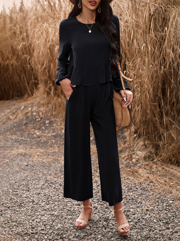 Temperament casual suit solid colour long-sleeved top loose trousers - PIXEL WEAR