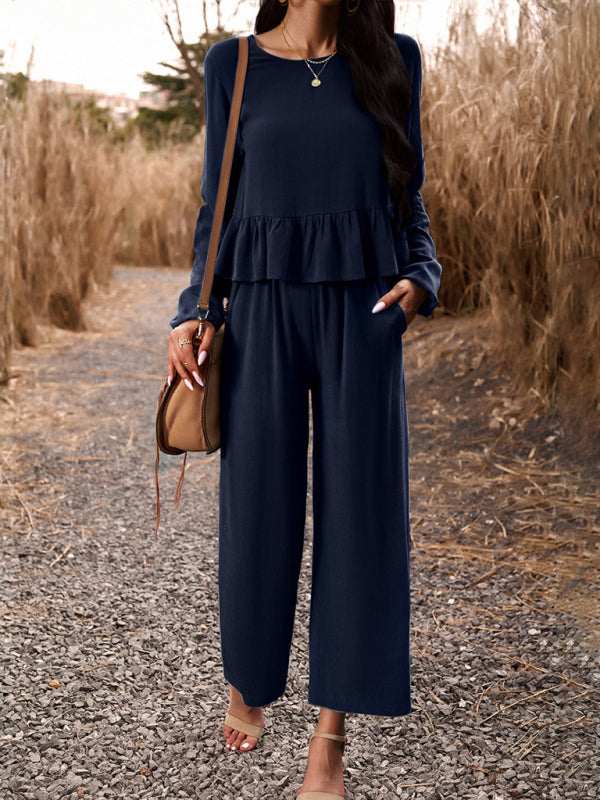 Temperament casual suit solid colour long-sleeved top loose trousers - PIXEL WEAR