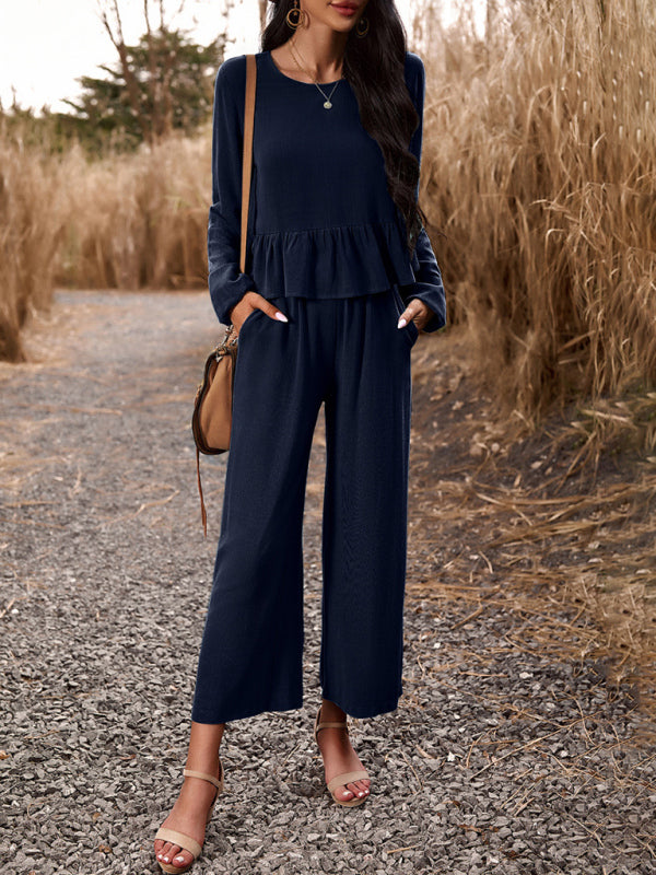 Temperament casual suit solid colour long-sleeved top loose trousers - PIXEL WEAR