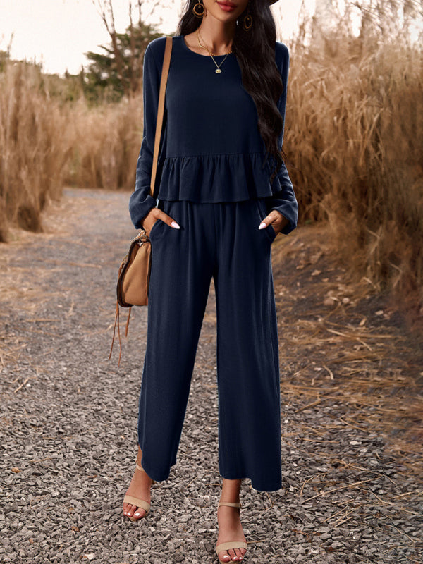 Temperament casual suit solid colour long-sleeved top loose trousers - PIXEL WEAR