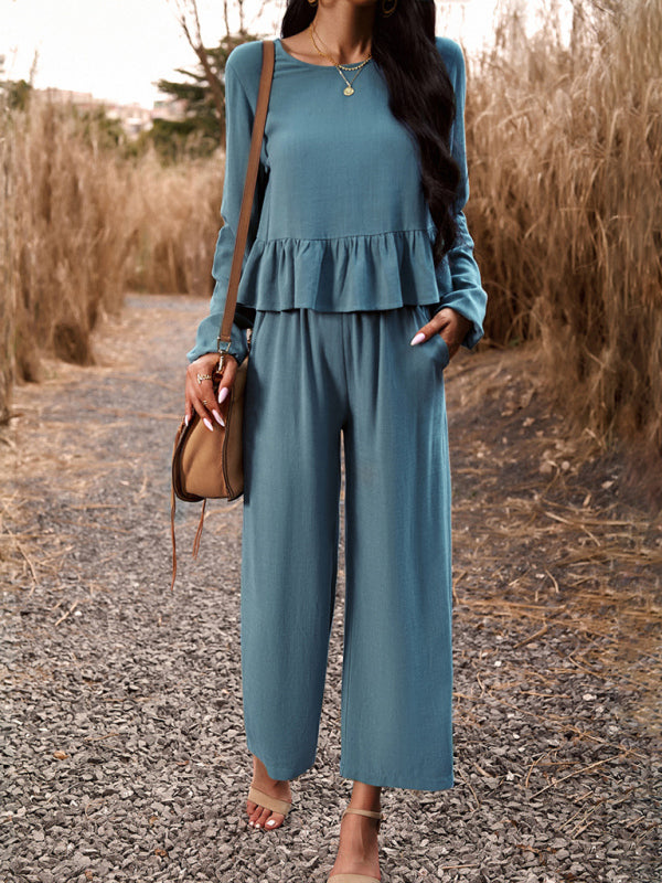 Temperament casual suit solid colour long-sleeved top loose trousers - PIXEL WEAR