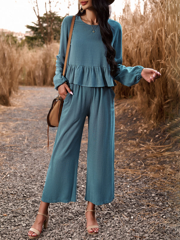 Temperament casual suit solid colour long-sleeved top loose trousers - PIXEL WEAR