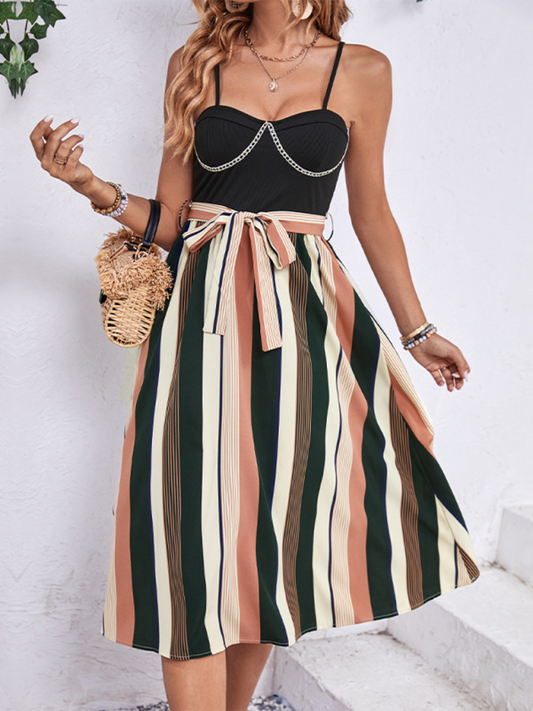 Women's striped patchwork suspender dress - PIXEL WEAR