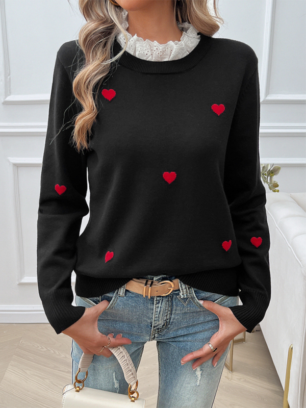 Women's Temperament Casual Embroidered Love Heart Long Sleeve Sweater - PIXEL WEAR