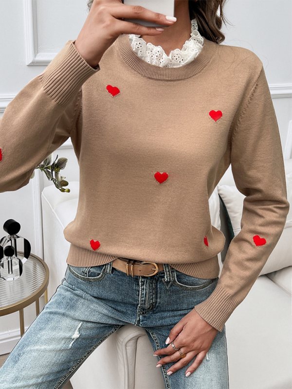 Women's Temperament Casual Embroidered Love Heart Long Sleeve Sweater - PIXEL WEAR