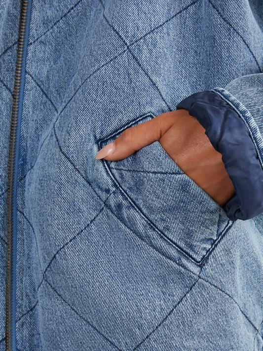 Denim Quilted Cotton Thick Lapel Loose Double Pocket Jacket - PIXEL WEAR