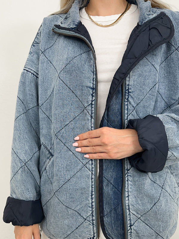 Denim Quilted Cotton Thick Lapel Loose Double Pocket Jacket - PIXEL WEAR