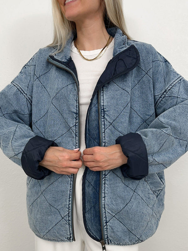 Denim Quilted Cotton Thick Lapel Loose Double Pocket Jacket - PIXEL WEAR