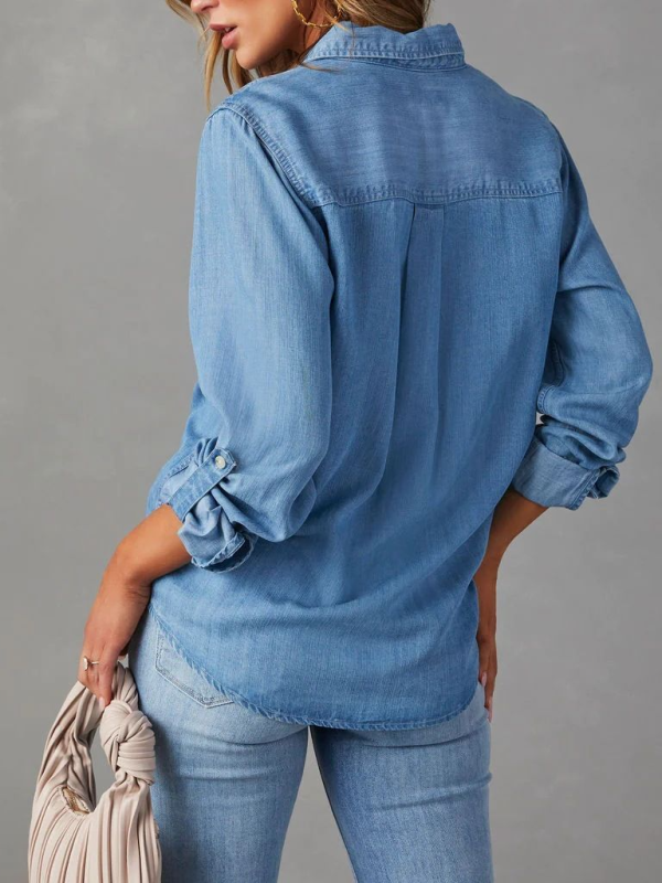 Casual lapel single-breasted long-sleeved denim shirt - PIXEL WEAR