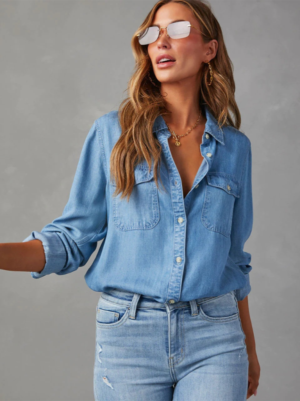 Casual lapel single-breasted long-sleeved denim shirt - PIXEL WEAR
