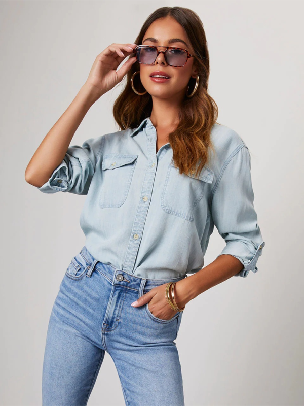 Casual lapel single-breasted long-sleeved denim shirt - PIXEL WEAR
