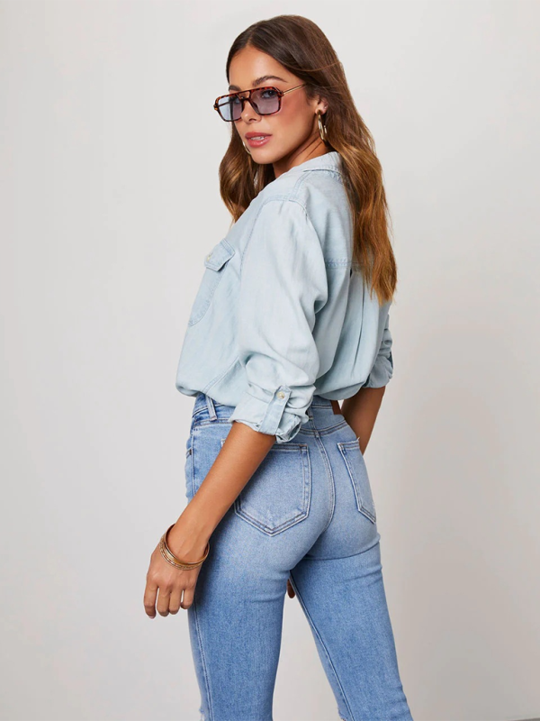 Casual lapel single-breasted long-sleeved denim shirt - PIXEL WEAR