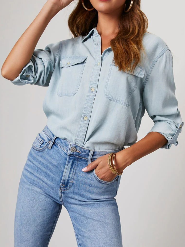 Casual lapel single-breasted long-sleeved denim shirt - PIXEL WEAR