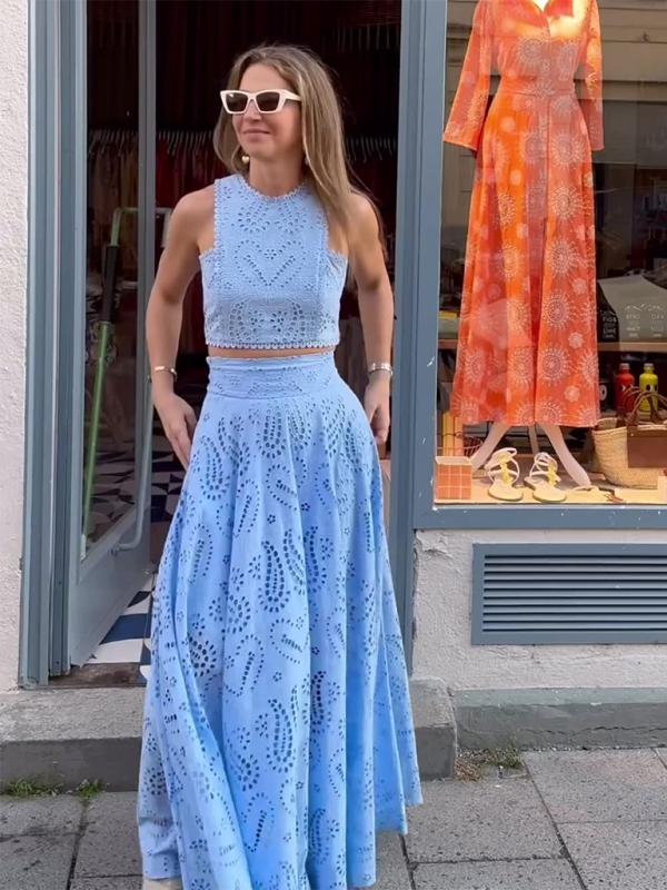 Sleeveless Long Dress Pocket Suit Casual Vacation Loose Two-piece Set - PIXEL WEAR