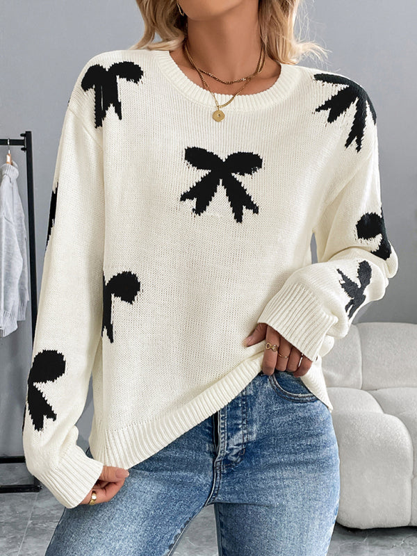 Round Neck Bow Jacquard Autumn and Winter Sweater - PIXEL WEAR
