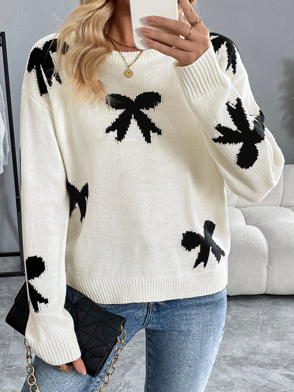 Round Neck Bow Jacquard Autumn and Winter Sweater - PIXEL WEAR