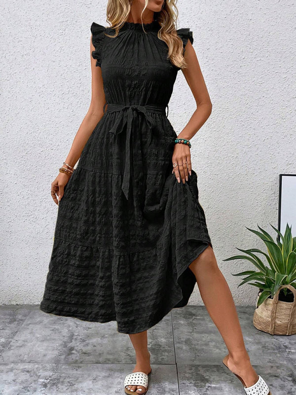 New Fashion Ruffled Flying Sleeve Lace-up Textured Dress - PIXEL WEAR
