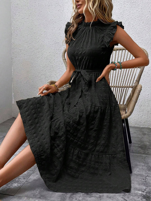 New Fashion Ruffled Flying Sleeve Lace-up Textured Dress - PIXEL WEAR
