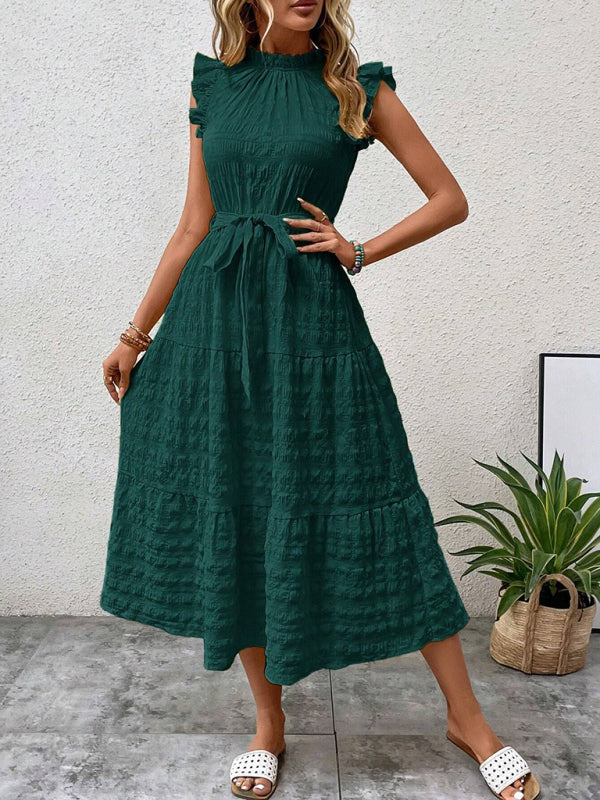New Fashion Ruffled Flying Sleeve Lace-up Textured Dress - PIXEL WEAR