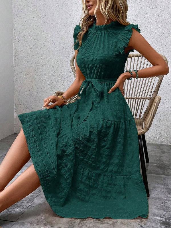 New Fashion Ruffled Flying Sleeve Lace-up Textured Dress - PIXEL WEAR