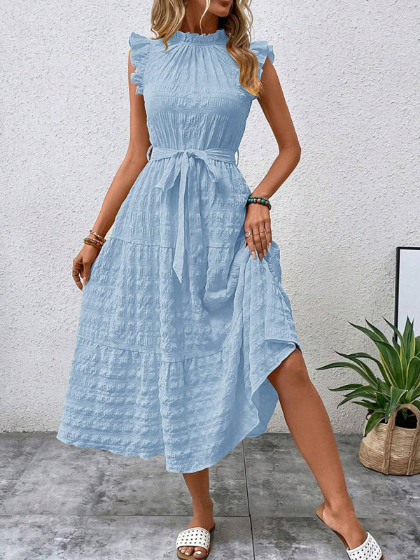 New Fashion Ruffled Flying Sleeve Lace-up Textured Dress - PIXEL WEAR